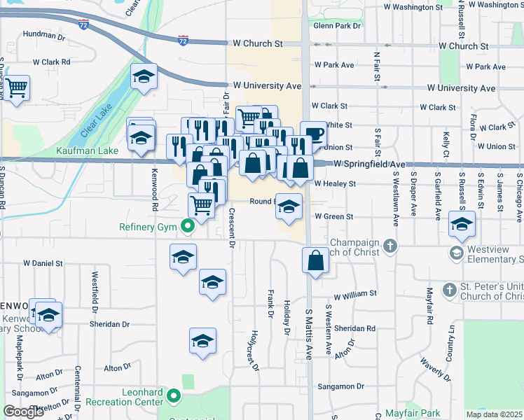map of restaurants, bars, coffee shops, grocery stores, and more near 2003 Round Barn Road in Champaign