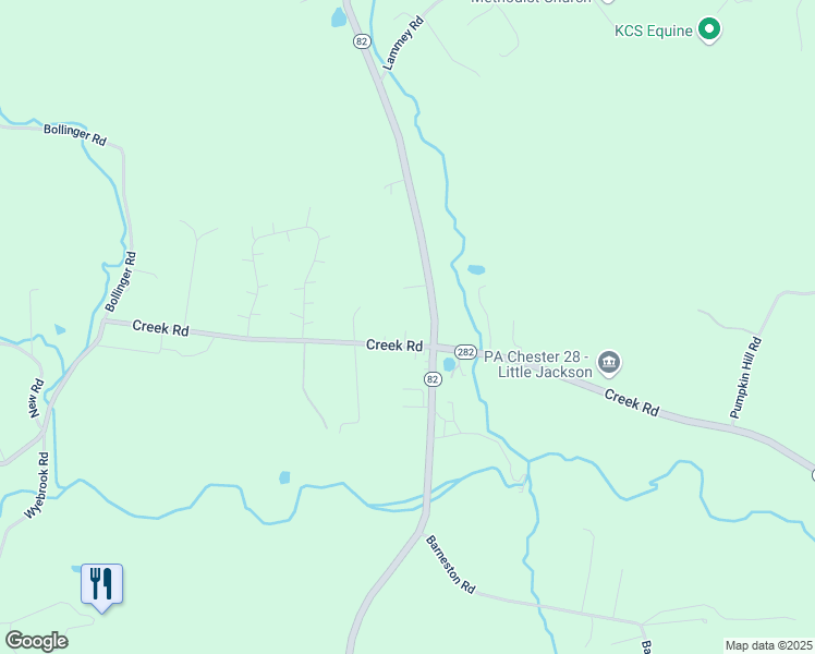 map of restaurants, bars, coffee shops, grocery stores, and more near 2705 Creek Road in Elverson