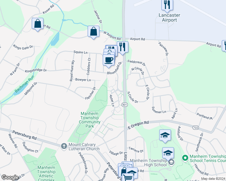 map of restaurants, bars, coffee shops, grocery stores, and more near 201 Starflower View in Lititz