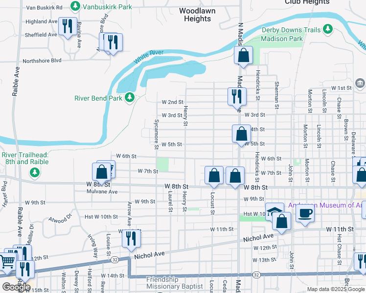 map of restaurants, bars, coffee shops, grocery stores, and more near 503 Henry Street in Anderson