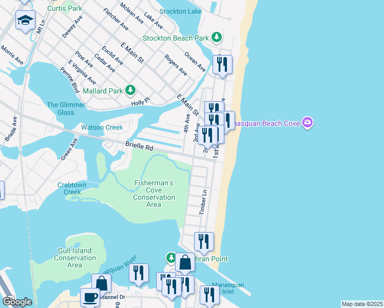 map of restaurants, bars, coffee shops, grocery stores, and more near 563 Brielle Road in Manasquan