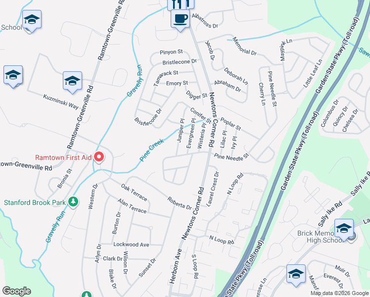 map of restaurants, bars, coffee shops, grocery stores, and more near 74 Pine Needle Street in Howell Township