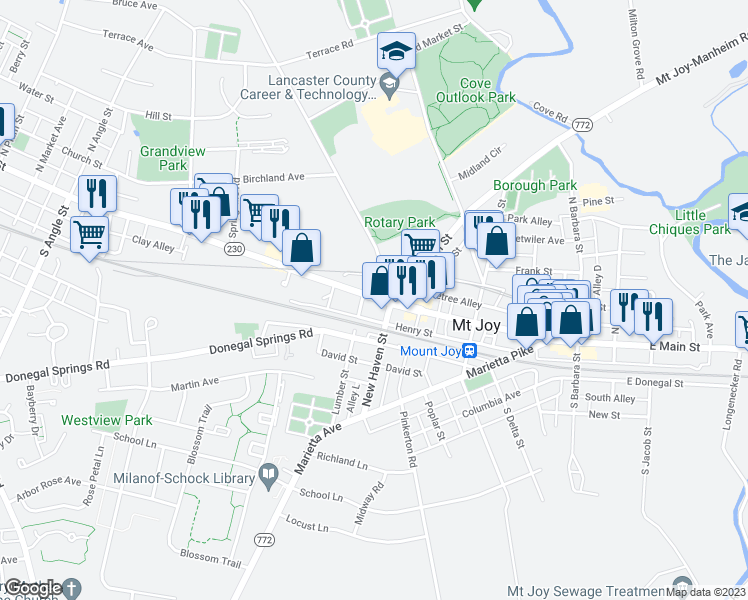 map of restaurants, bars, coffee shops, grocery stores, and more near 120 West Main Street in Mount Joy