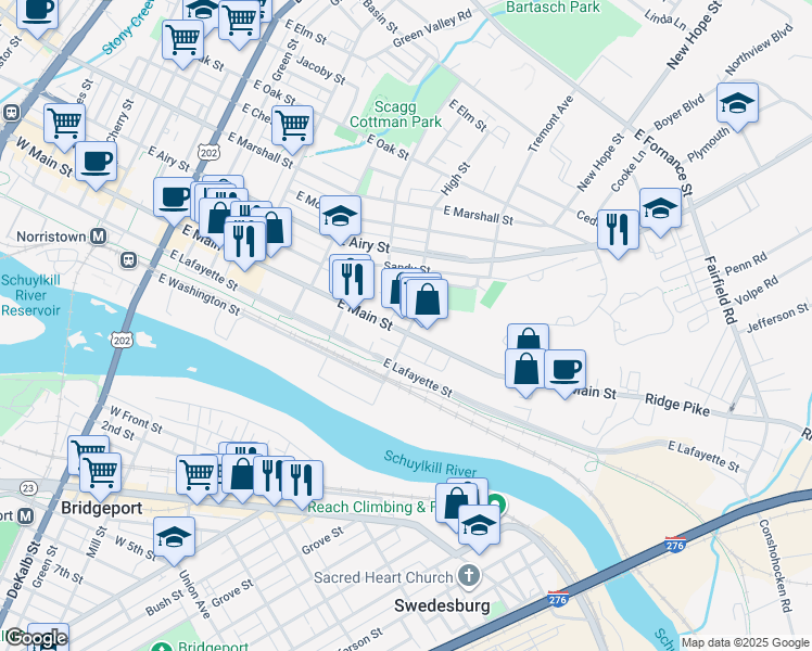map of restaurants, bars, coffee shops, grocery stores, and more near 608 East Main Street in Norristown
