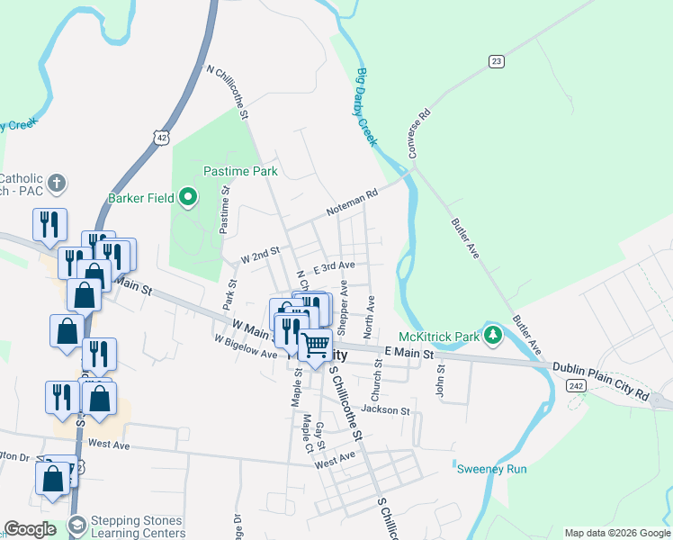map of restaurants, bars, coffee shops, grocery stores, and more near 236 Shepper Avenue in Plain City