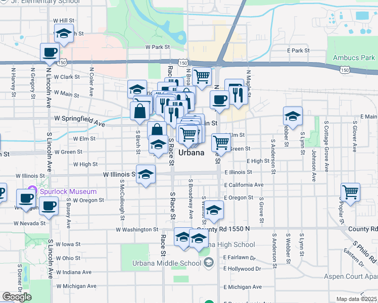 map of restaurants, bars, coffee shops, grocery stores, and more near 2 Lincoln Square in Urbana