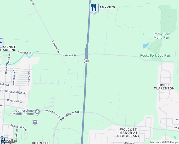 map of restaurants, bars, coffee shops, grocery stores, and more near 7534 New Albany-Condit Road in New Albany
