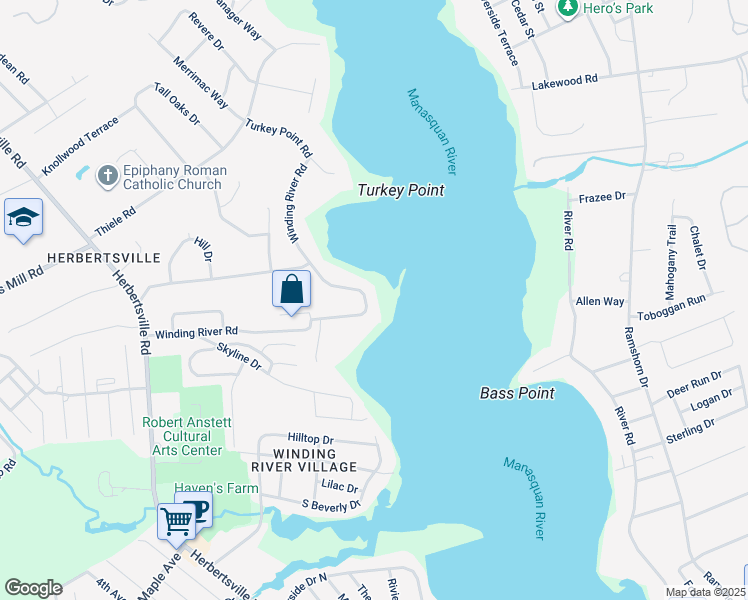 map of restaurants, bars, coffee shops, grocery stores, and more near 604 Winding River Rd in Brick