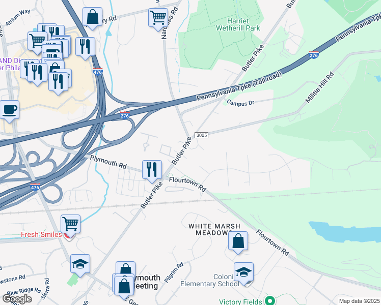 map of restaurants, bars, coffee shops, grocery stores, and more near 5030 Butler Pike in Plymouth Meeting