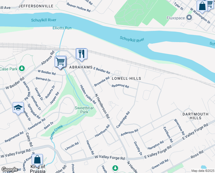 map of restaurants, bars, coffee shops, grocery stores, and more near 180 Redwood Road in King of Prussia