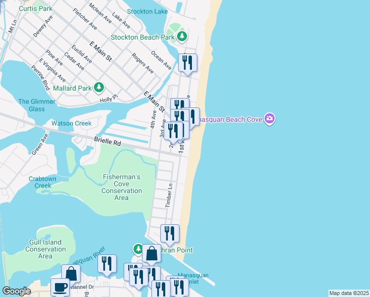 map of restaurants, bars, coffee shops, grocery stores, and more near 595 Brielle Road in Manasquan
