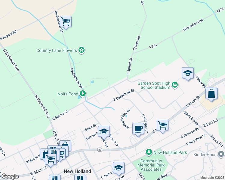 map of restaurants, bars, coffee shops, grocery stores, and more near 488 East Spruce Street in New Holland