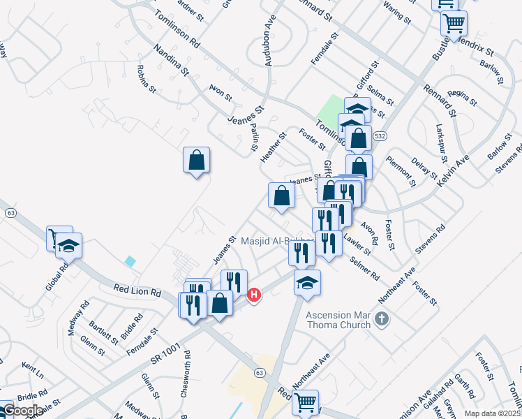 map of restaurants, bars, coffee shops, grocery stores, and more near 10221 Jeanes Street in Philadelphia