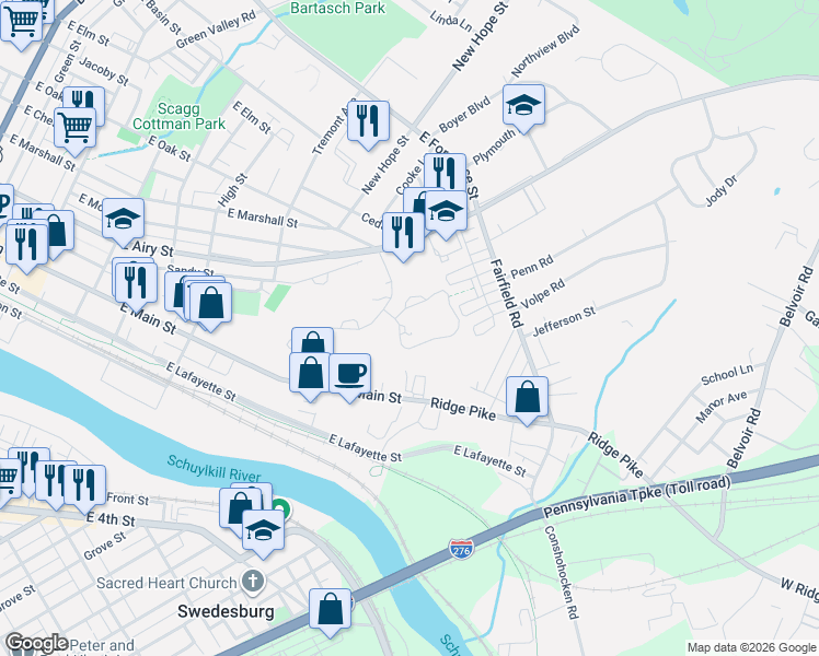 map of restaurants, bars, coffee shops, grocery stores, and more near 1000 Regatta Circle in Norristown