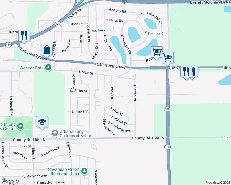 map of restaurants, bars, coffee shops, grocery stores, and more near 212 Brady Lane in Urbana