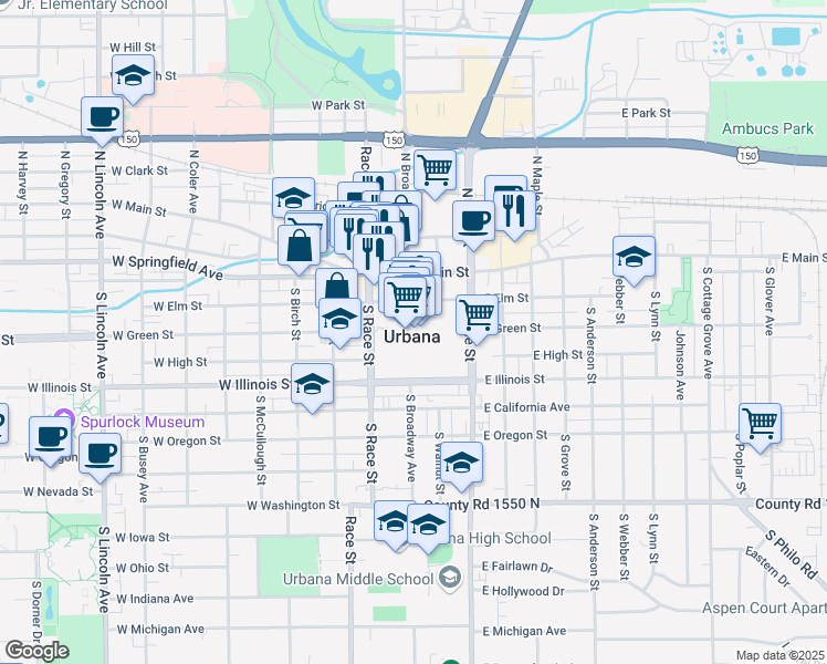 map of restaurants, bars, coffee shops, grocery stores, and more near in Urbana