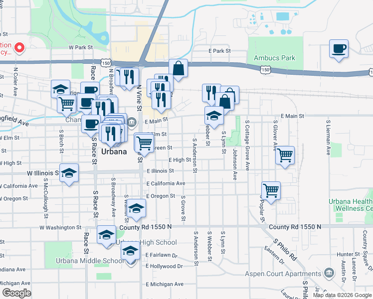 map of restaurants, bars, coffee shops, grocery stores, and more near 401 South Grove Street in Urbana