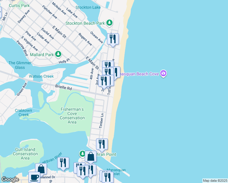 map of restaurants, bars, coffee shops, grocery stores, and more near 595 Brielle Road in Manasquan
