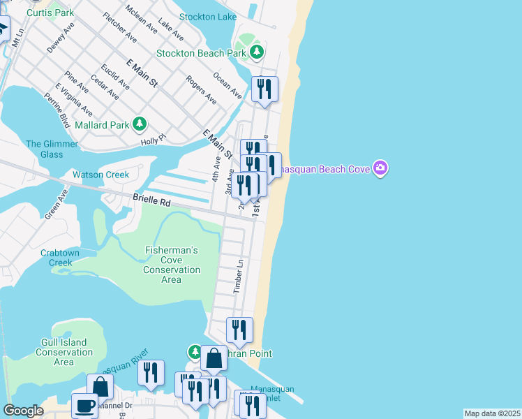 map of restaurants, bars, coffee shops, grocery stores, and more near 595 Brielle Road in Manasquan