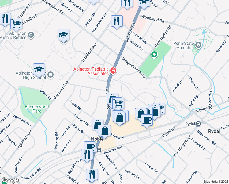 map of restaurants, bars, coffee shops, grocery stores, and more near 980 Pennsylvania 611 in Abington