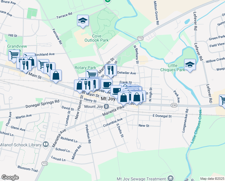 map of restaurants, bars, coffee shops, grocery stores, and more near in Mount Joy