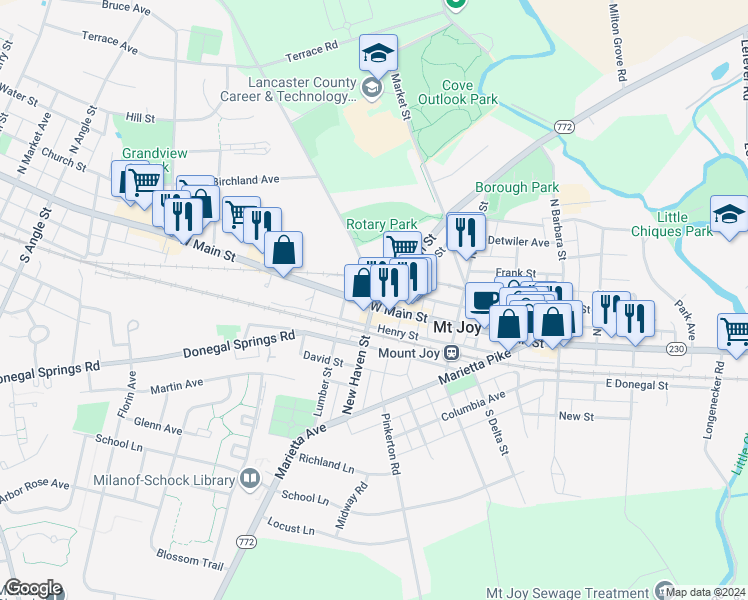 map of restaurants, bars, coffee shops, grocery stores, and more near 110 West Main Street in Mount Joy