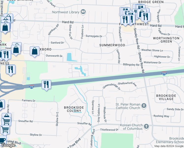 map of restaurants, bars, coffee shops, grocery stores, and more near 7561 Pickett Lane in Columbus