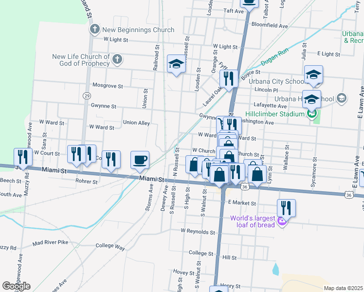 map of restaurants, bars, coffee shops, grocery stores, and more near 301 West Church Street in Urbana