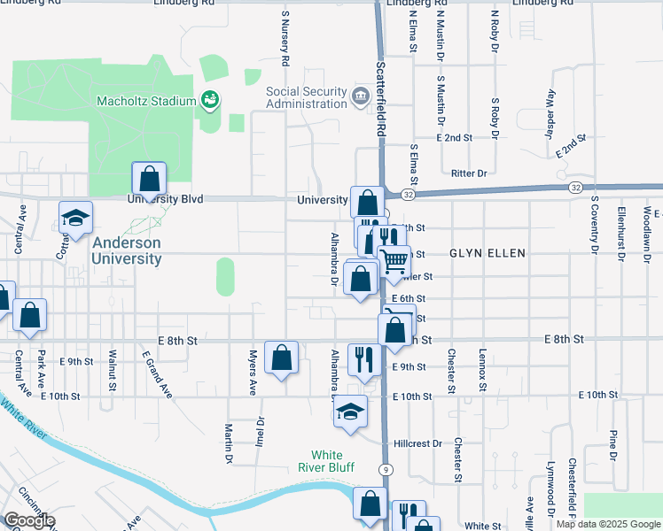 map of restaurants, bars, coffee shops, grocery stores, and more near 1903 Fowler Street in Anderson