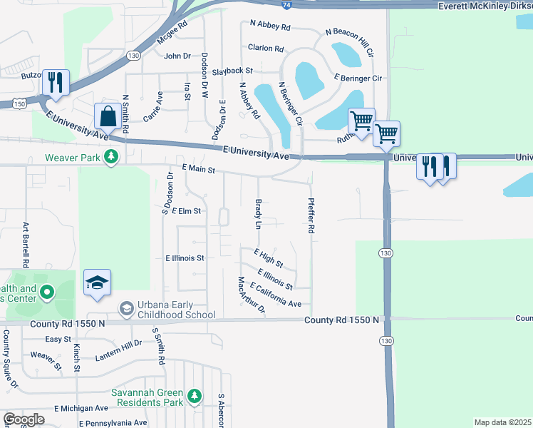 map of restaurants, bars, coffee shops, grocery stores, and more near 212 Brady Lane in Urbana