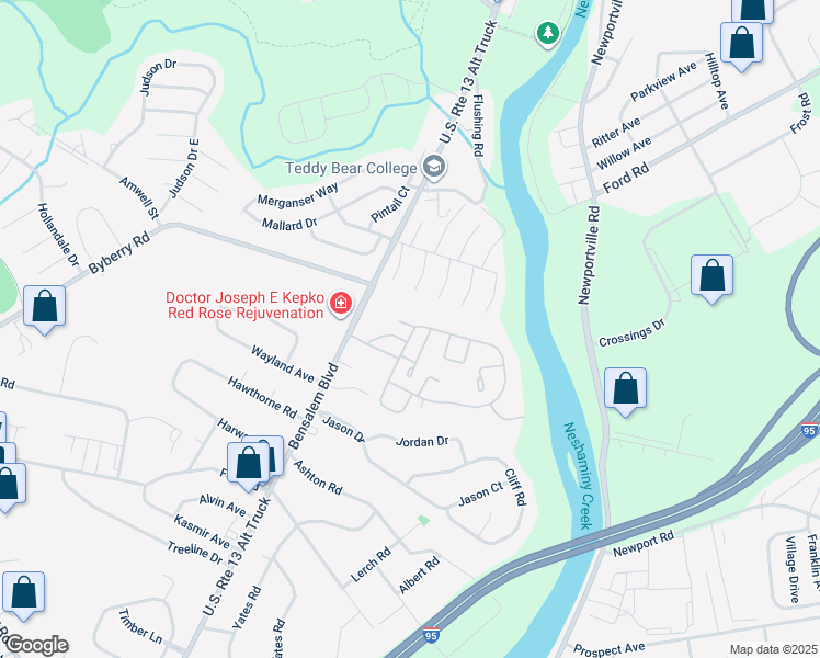 map of restaurants, bars, coffee shops, grocery stores, and more near 450 North Mount Vernon Circle in Bensalem