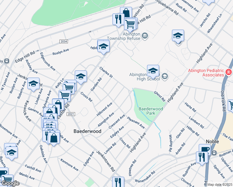 map of restaurants, bars, coffee shops, grocery stores, and more near 718 Hillcrest Avenue in Glenside