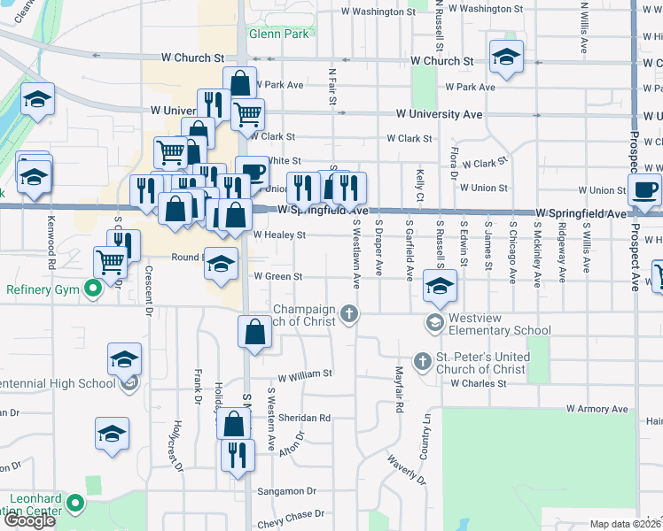 map of restaurants, bars, coffee shops, grocery stores, and more near 512 South Fair Street in Champaign