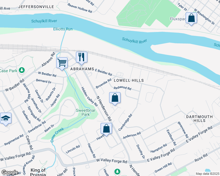 map of restaurants, bars, coffee shops, grocery stores, and more near 180 Redwood Road in King of Prussia