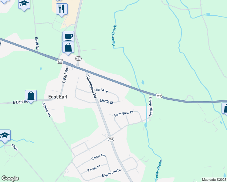 map of restaurants, bars, coffee shops, grocery stores, and more near 1448 Earl Avenue in East Earl