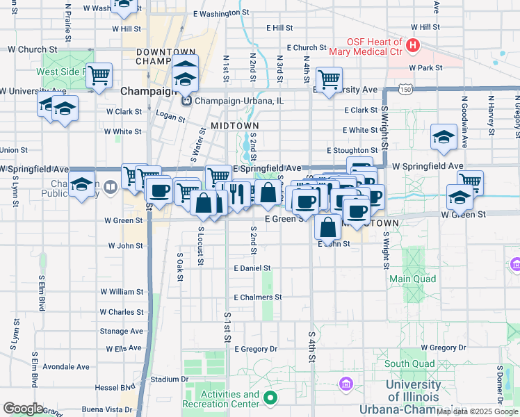map of restaurants, bars, coffee shops, grocery stores, and more near 207 East Green Street in Champaign