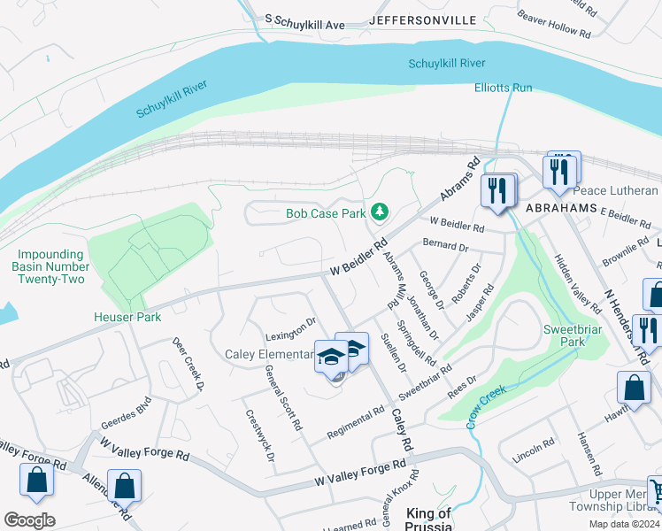 map of restaurants, bars, coffee shops, grocery stores, and more near 305 Patricia Circle in King of Prussia