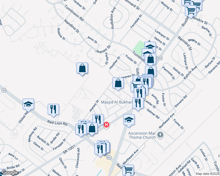 map of restaurants, bars, coffee shops, grocery stores, and more near 10223 Jeanes Street in Philadelphia