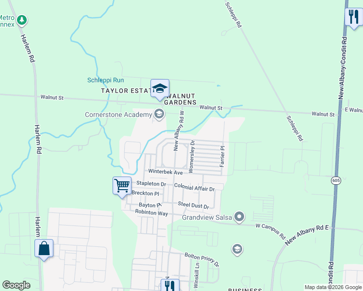 map of restaurants, bars, coffee shops, grocery stores, and more near 6216 New Albany Road West in New Albany