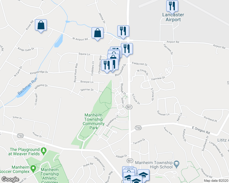 map of restaurants, bars, coffee shops, grocery stores, and more near 208 Starflower View in Lititz