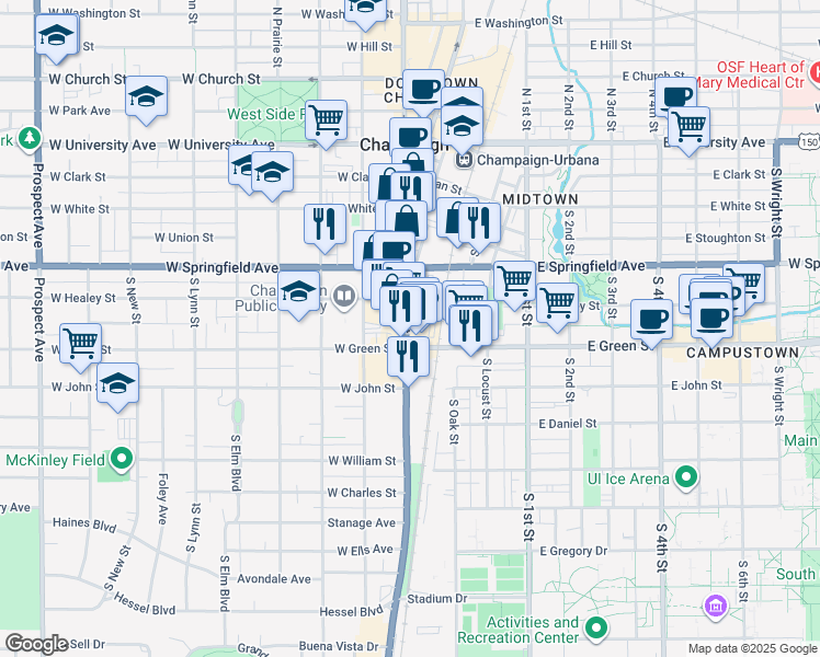 map of restaurants, bars, coffee shops, grocery stores, and more near 510 South Neil Street in Champaign