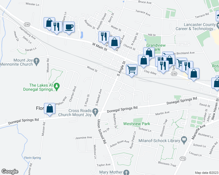 map of restaurants, bars, coffee shops, grocery stores, and more near 353 South Angle Street in Mount Joy