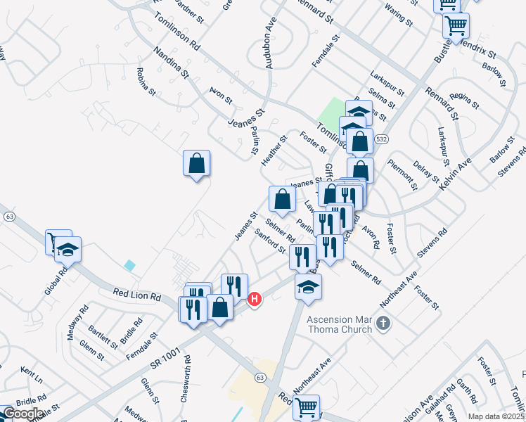 map of restaurants, bars, coffee shops, grocery stores, and more near 10223 Jeanes Street in Philadelphia
