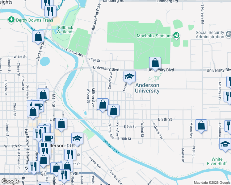 map of restaurants, bars, coffee shops, grocery stores, and more near 802 East 5th Street in Anderson
