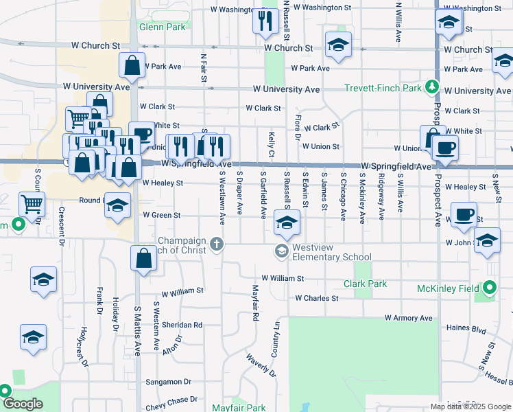 map of restaurants, bars, coffee shops, grocery stores, and more near 1401 West Healey Street in Champaign