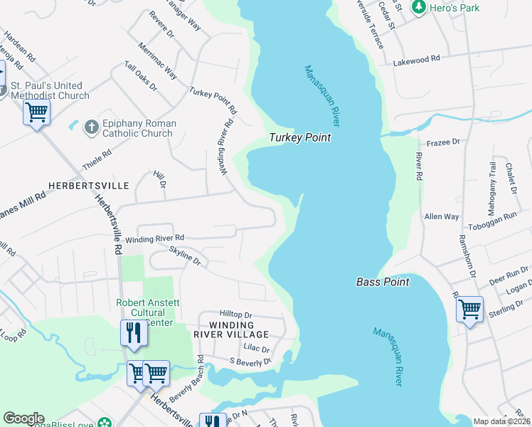 map of restaurants, bars, coffee shops, grocery stores, and more near 615 Winding River Road in Brick