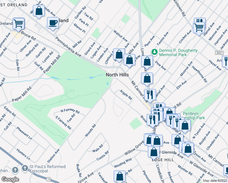 map of restaurants, bars, coffee shops, grocery stores, and more near 765 Brooke Rd in Glenside