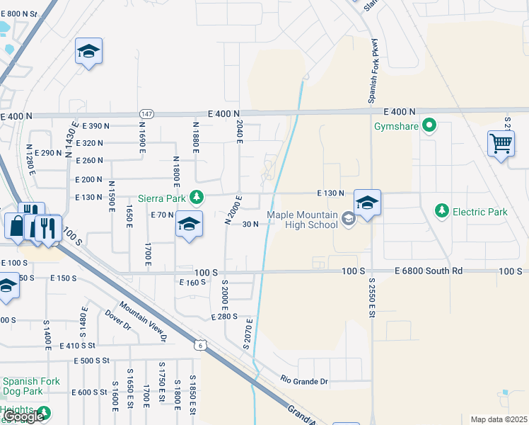 map of restaurants, bars, coffee shops, grocery stores, and more near 125 2170 East in Spanish Fork