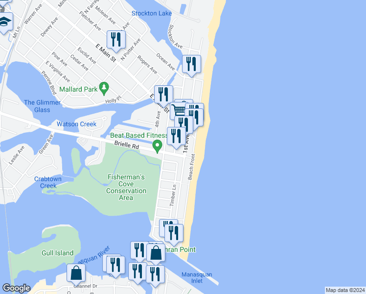 map of restaurants, bars, coffee shops, grocery stores, and more near 209 Beach Front in Manasquan