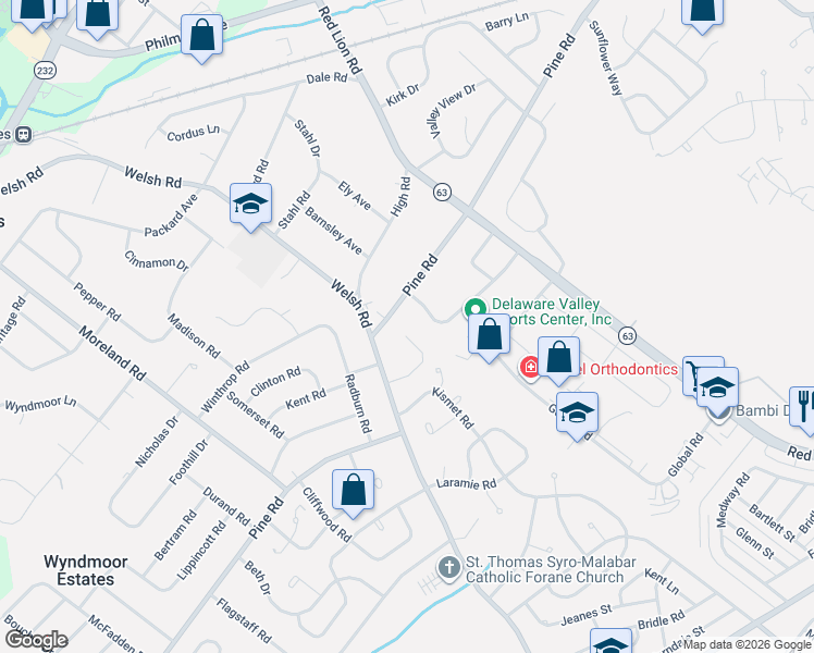 map of restaurants, bars, coffee shops, grocery stores, and more near 2272 Pine Road in Montgomery County